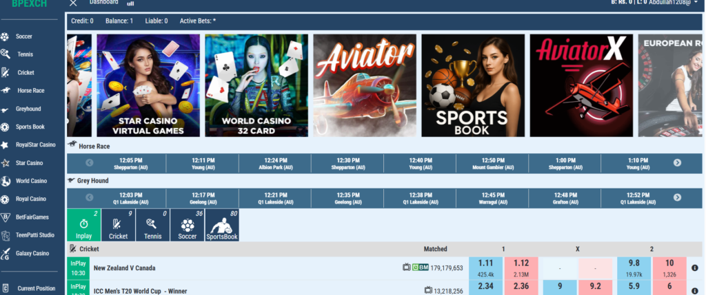 A dynamic collage of popular casino games on Bpexch & BetPro, including Royal Star Casino, Star Casino, Betfair games, Teenpatti Studio, and Galaxy Casino, showing live dealers, slot machines, and sports betting options.
